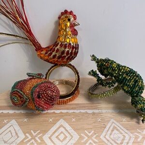 3 Pier 1 Imports Napkins Rings Beaded Frog, Bird And Chicken . Approximately 3”